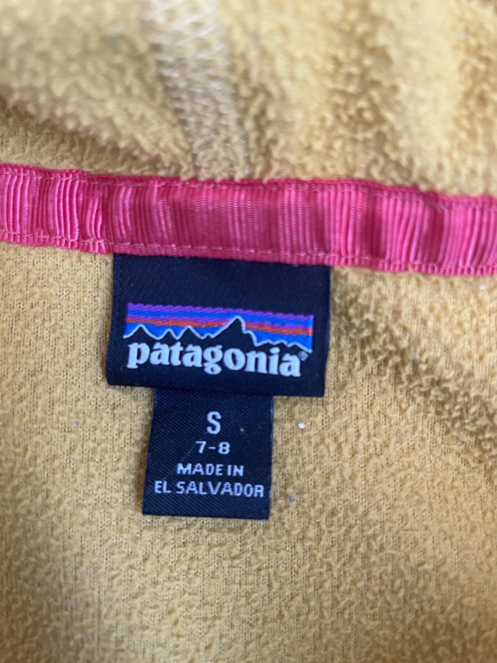 Patagonia Colorblock Fleece Hoodie in Mustard, Blue & Pink Accent - Picture 2 of 6